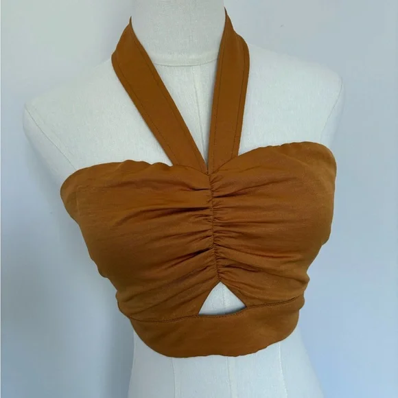 J.O.A. Brown Ruched Cut Out Crop Top - Picture 1 of 5